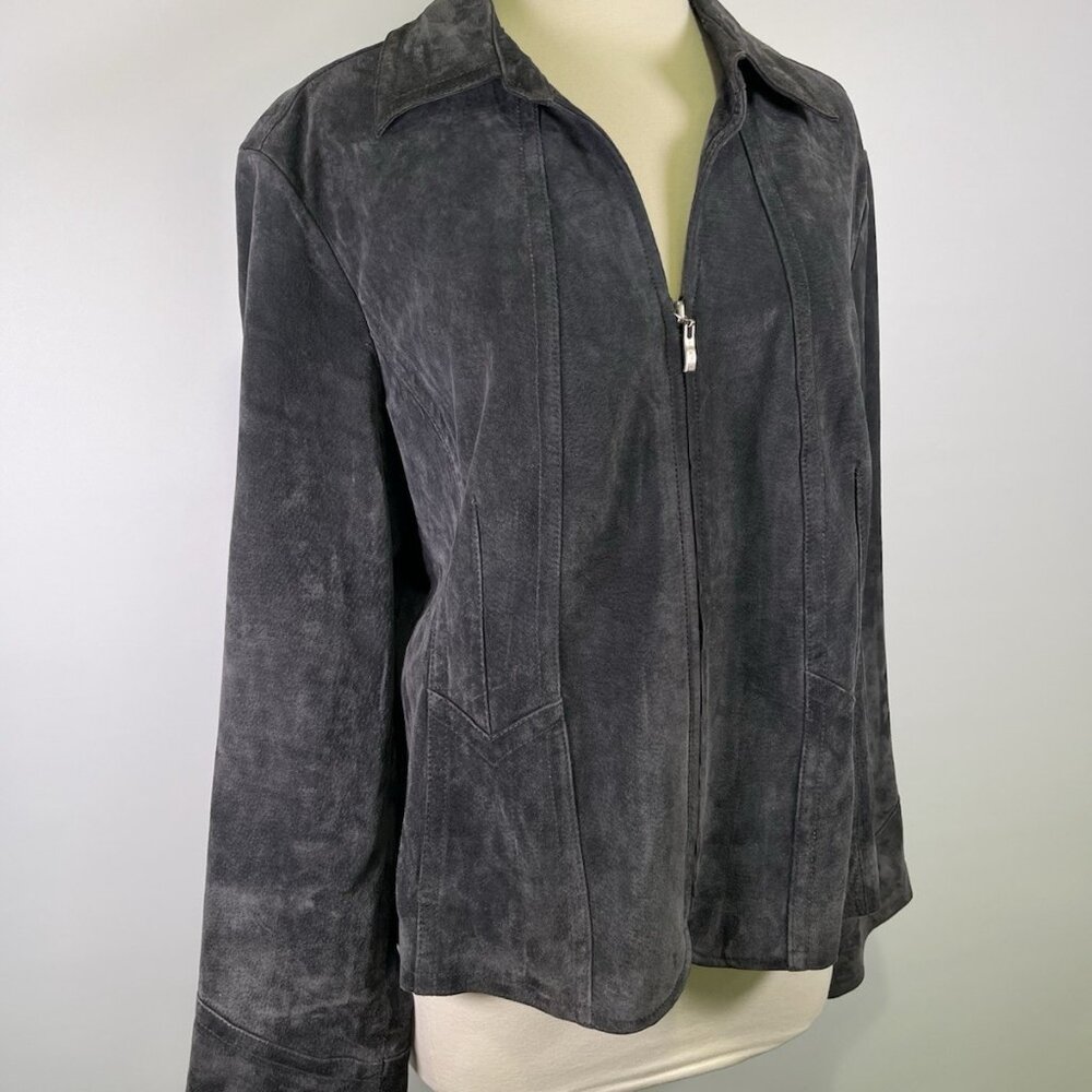 Y2K Live A Little Suede Leather Jacket XL Dark Gray Zip Front Boho Western Moto - Picture 3 of 10